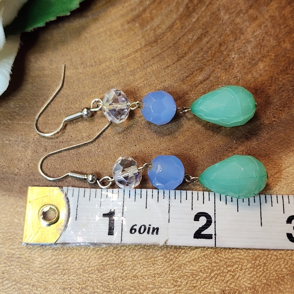 Chandelier Earrings With Faceted Glass And Green Acrylic Teardrop Beads - Picture 7 of 7